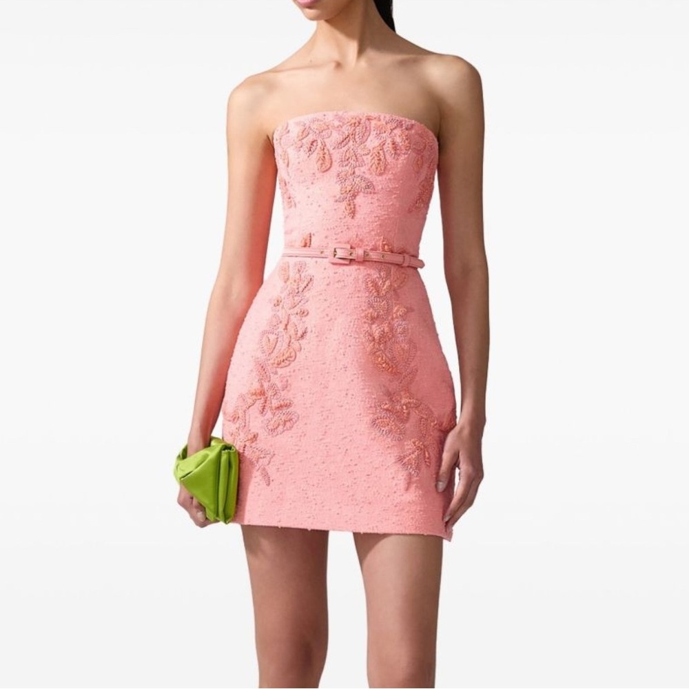 NWT New Carolina Herrera Strapless Embroidered Mini Dress in Sunset Pink Size 6 - Picture 2 of 11